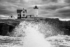 Wave Breaks in Front of Cape Neddick Lighthouse - BW